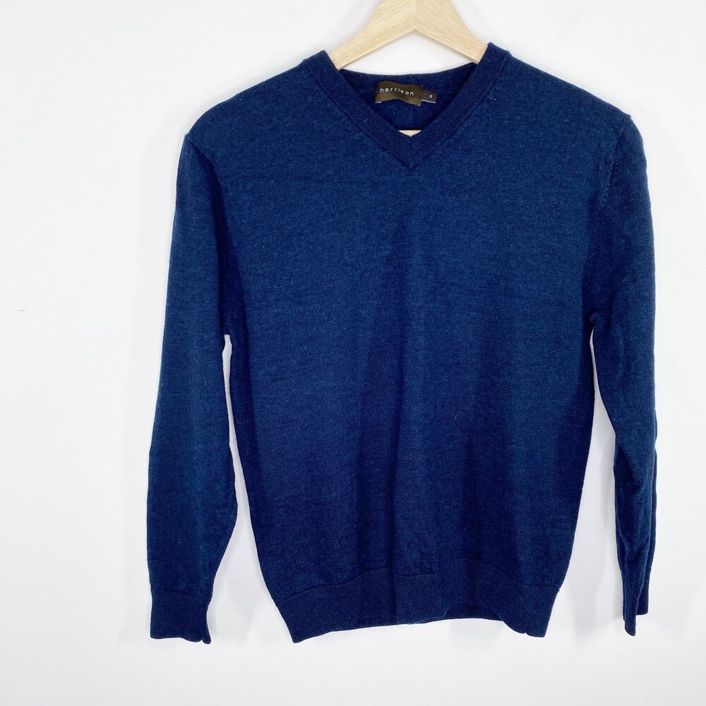 Harrison Navy Blue Merino Wool Sweater Men Sz S V Neck Old Money Quiet Luxury